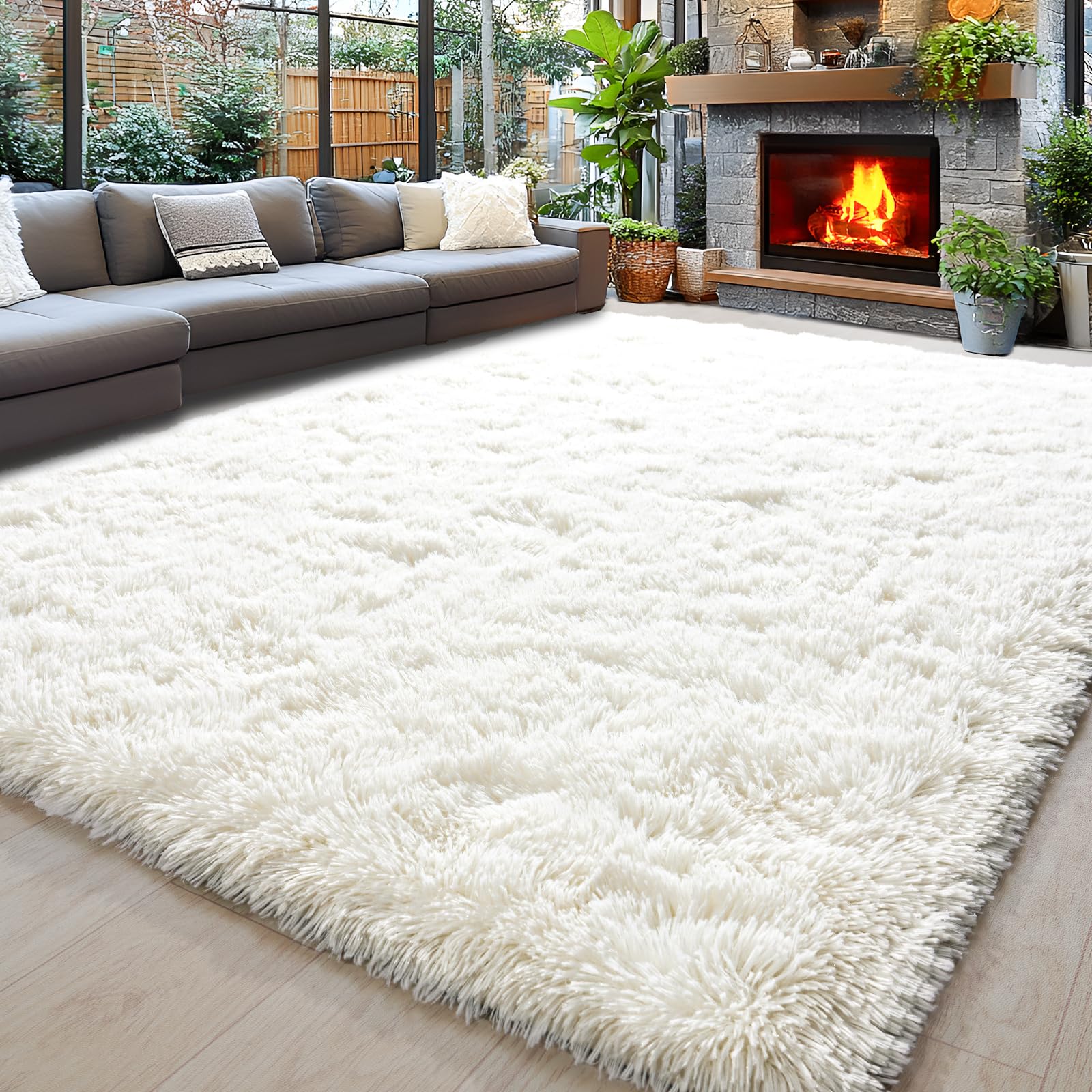 Awaytail 8x10 cream-white shag rug adds warm comfort to living rooms