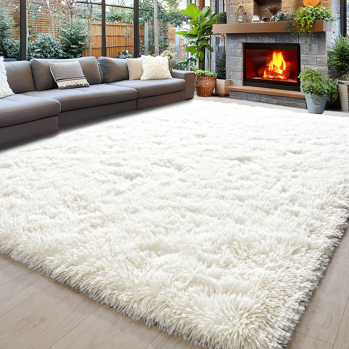 Awaytail 8x10 cream-white shag rug adds warm comfort to living rooms