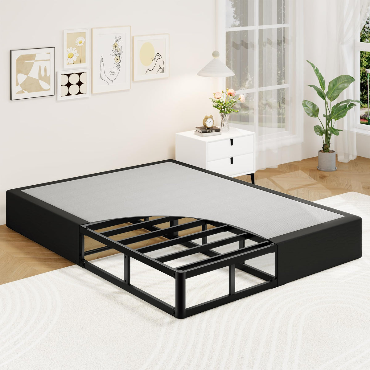 Awesofurni full-size box spring profile raises bed height for easier access.