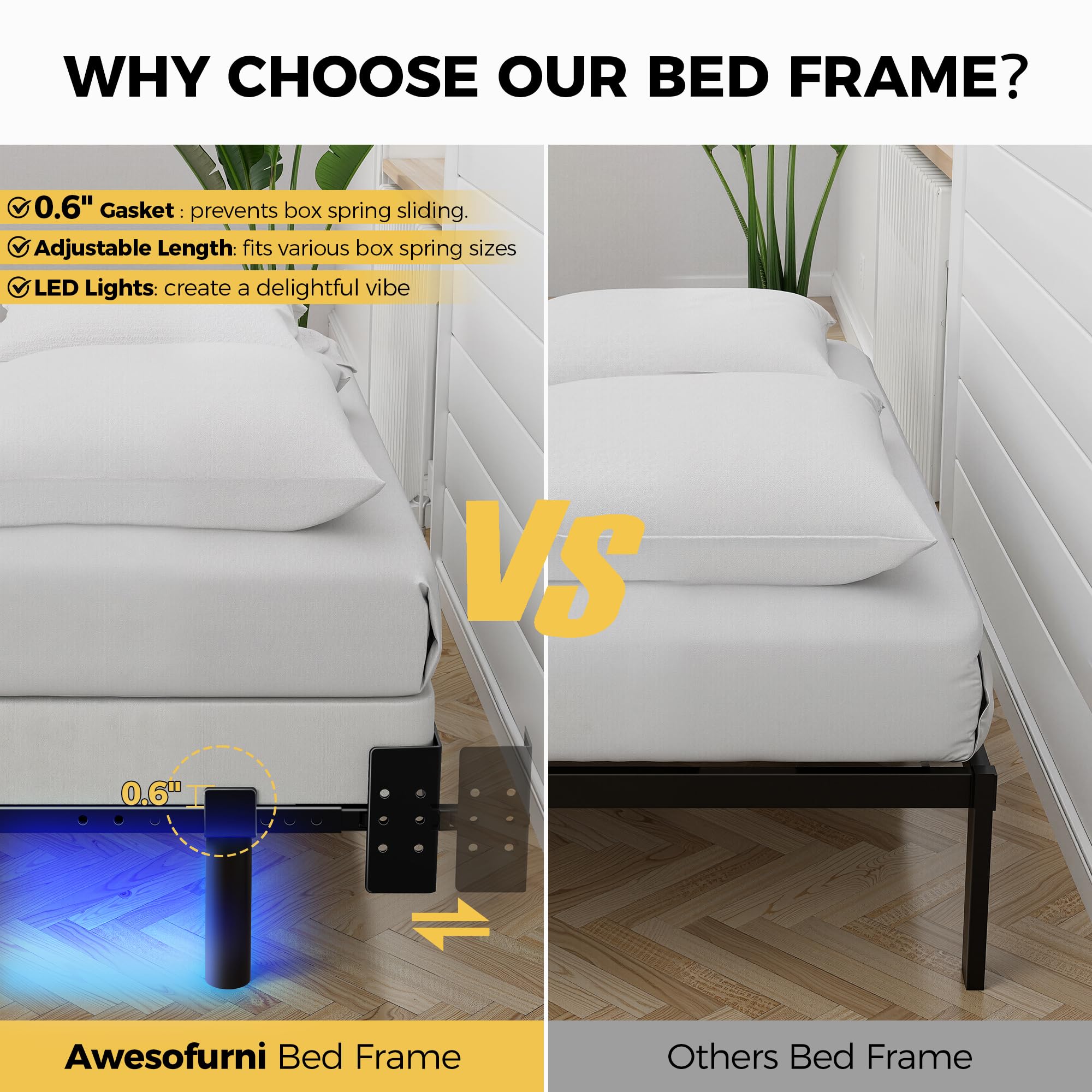 Awesofurni queen bed frame with nine-leg base for enhanced stability.