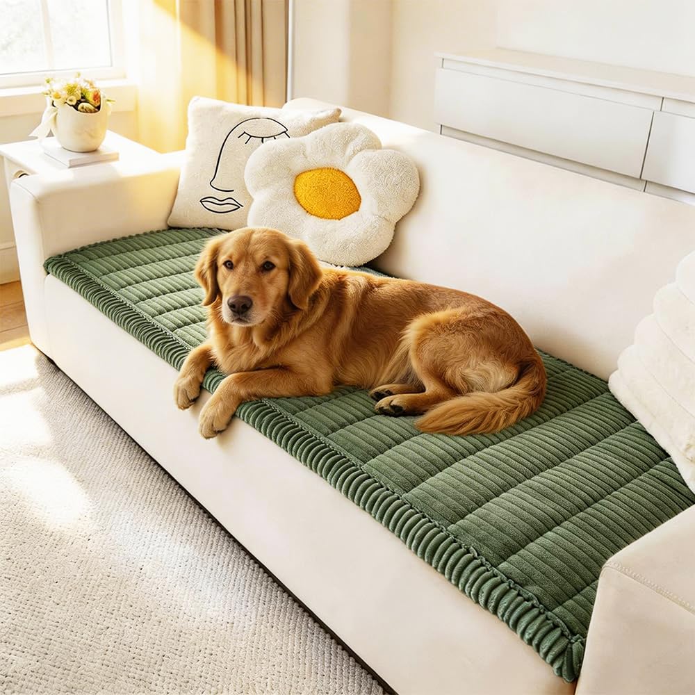 Awjcsv dog couch cover front view, plush green fabric protecting sofa from scratches.