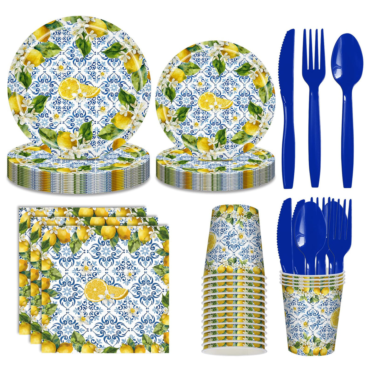 AWLZJZQA Amalfi Coast lemon plates brighten a Mediterranean party tablescape.