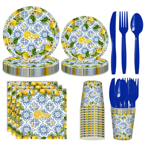 AWLZJZQA Amalfi Coast lemon plates brighten a Mediterranean party tablescape.