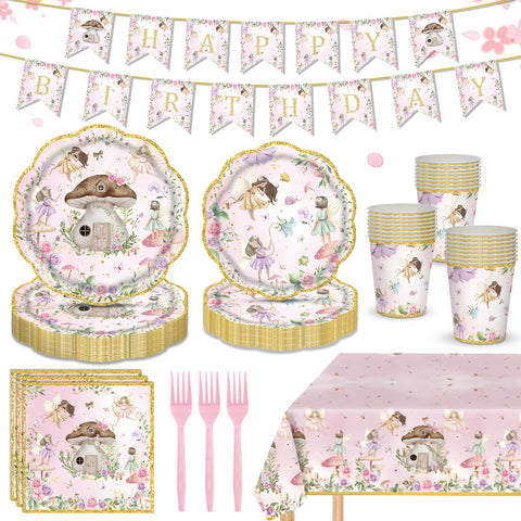 AWLZJZQA Fairy Birthday Decor tableware for 24 guests, easy cleanup.