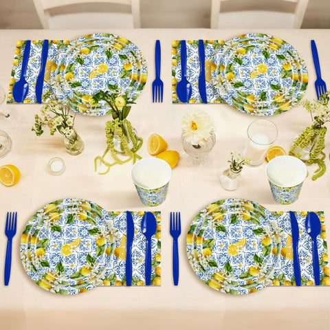 AWLZJZQA Lemon napkins with blue trim elevate a polished tablescape.