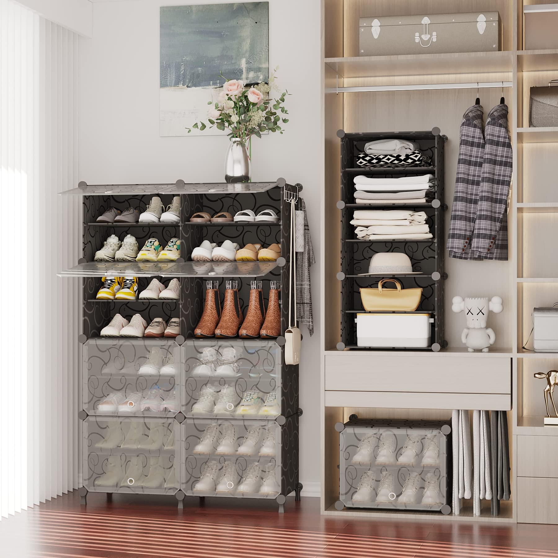 AWTATOS 8-tier shoe rack assembly panel shows modular setup for customizable space