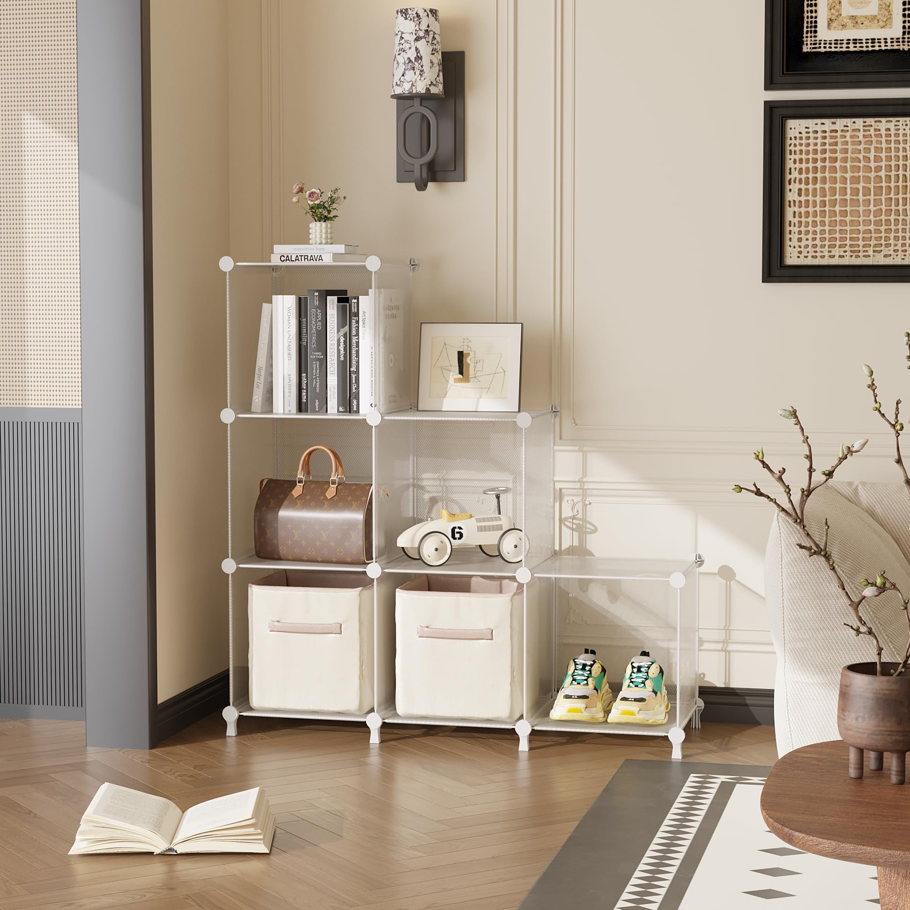 AWTATOS stackable closet shelves configuration in bedrooms or offices.