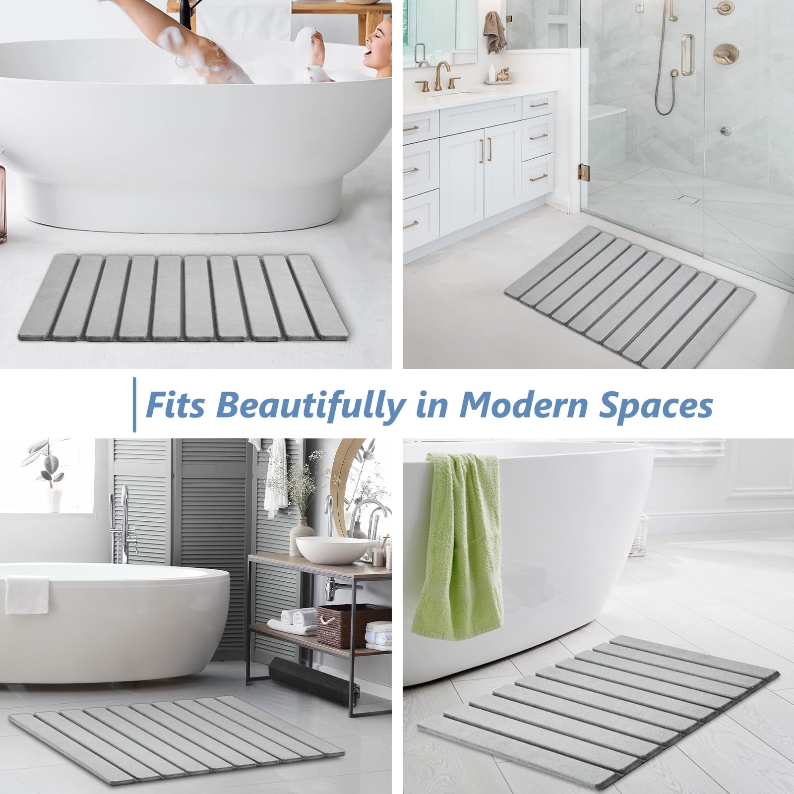 AWW Foldable Stone Bath Mat shows 23.6 x 15.5 inch dimensions.