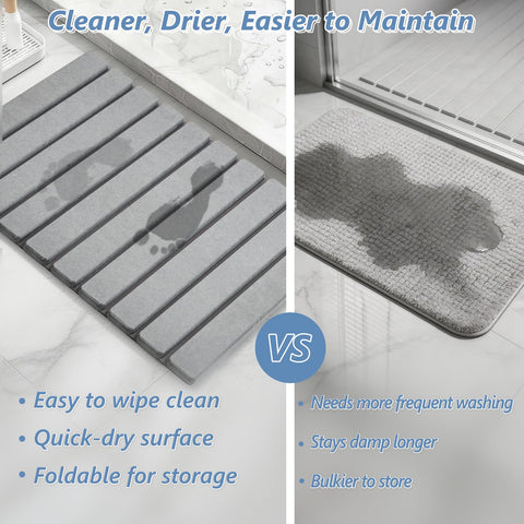 AWW Foldable Stone Bath Mat folded for compact storage in small spaces.
