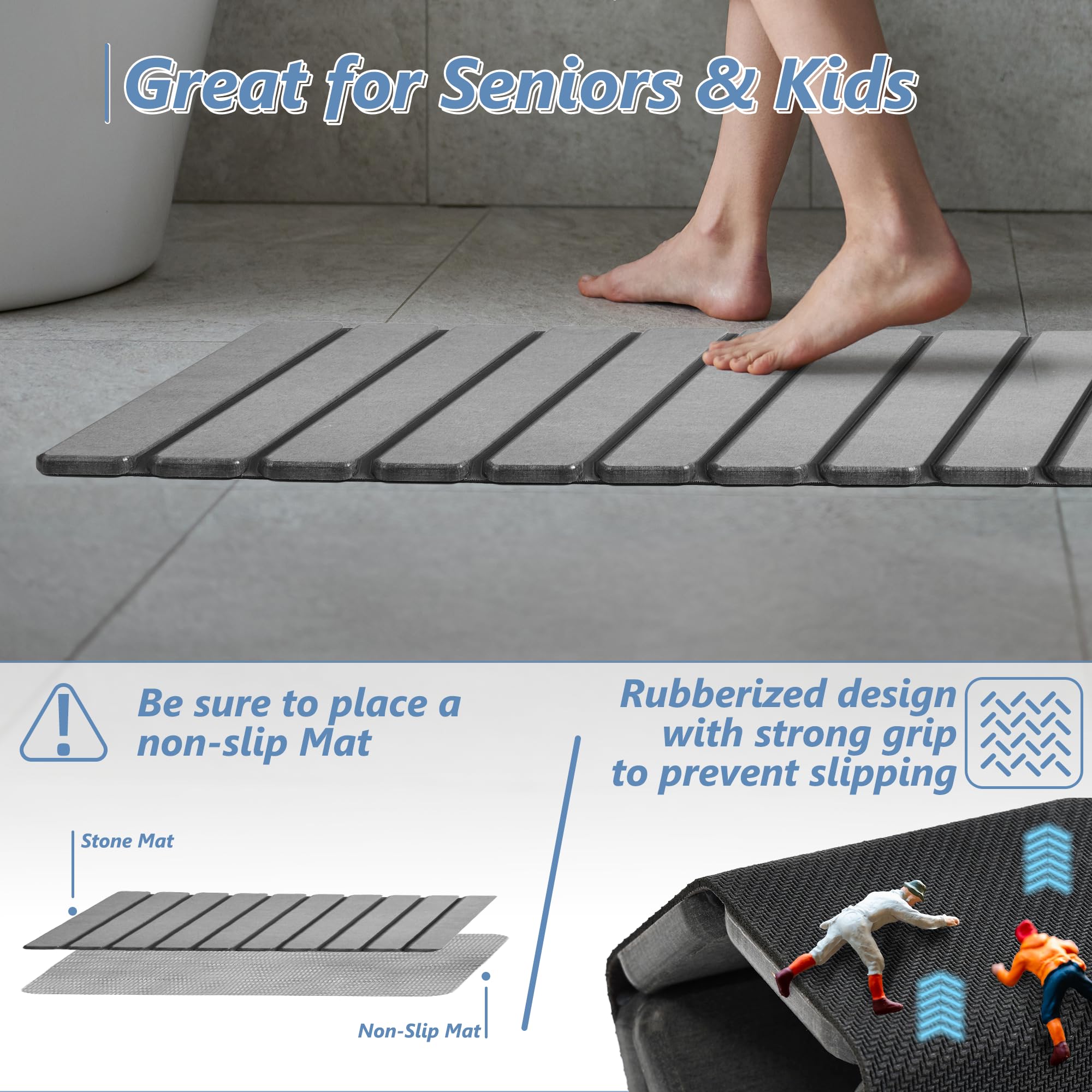 AWW Foldable Stone Bath Mat with non-slip pad on smooth tile surfaces.