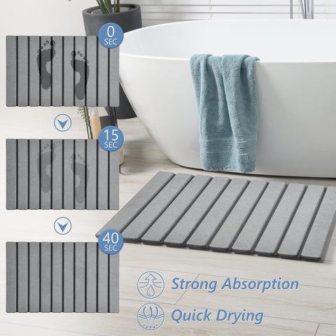 AWW Foldable Stone Bath Mat demonstrates quick-dry diatomaceous surface on bathroom floor.