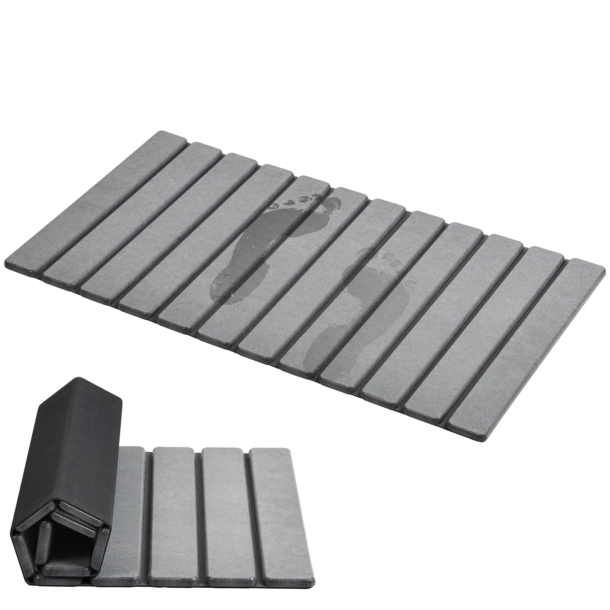 AWW foldable stone bath mat with quick-dry surface on tile floor