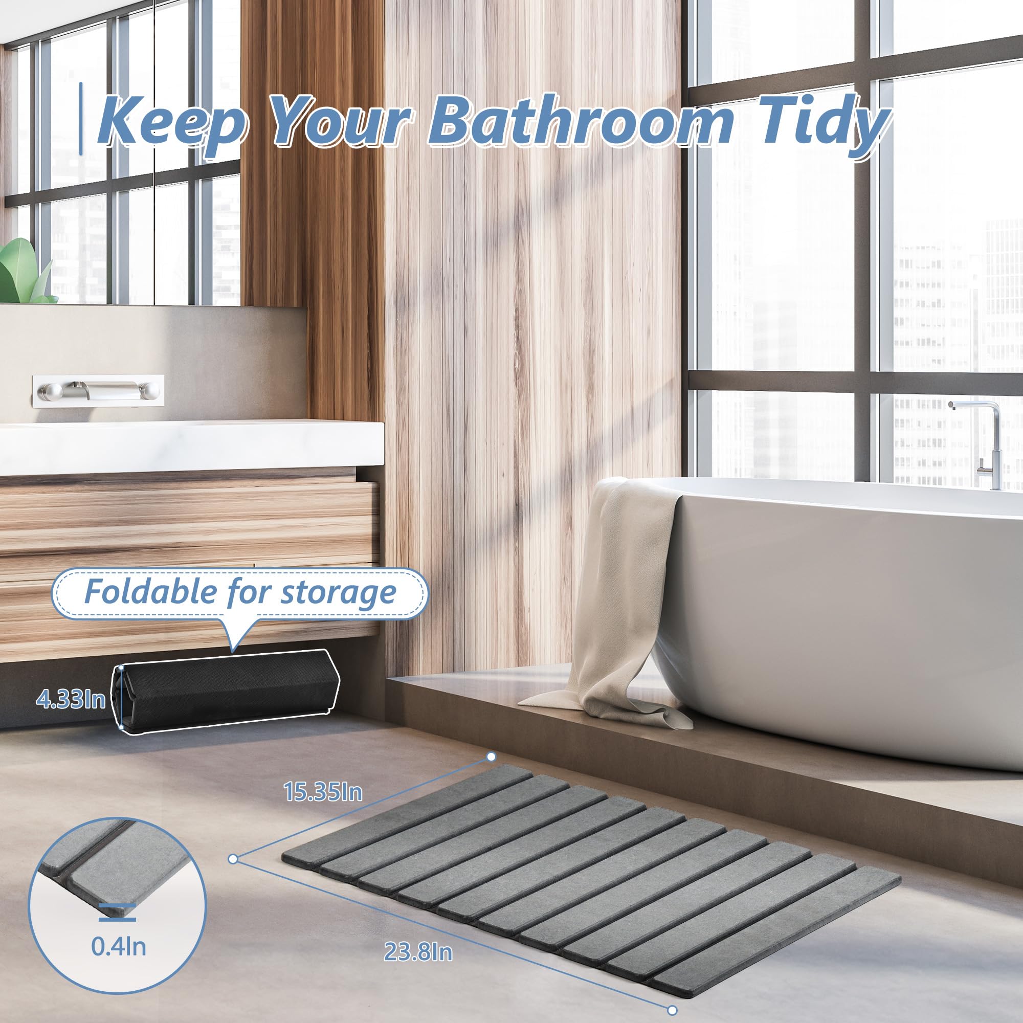 AWW Foldable Stone Bath Mat with sealed edges reduces splash creep.