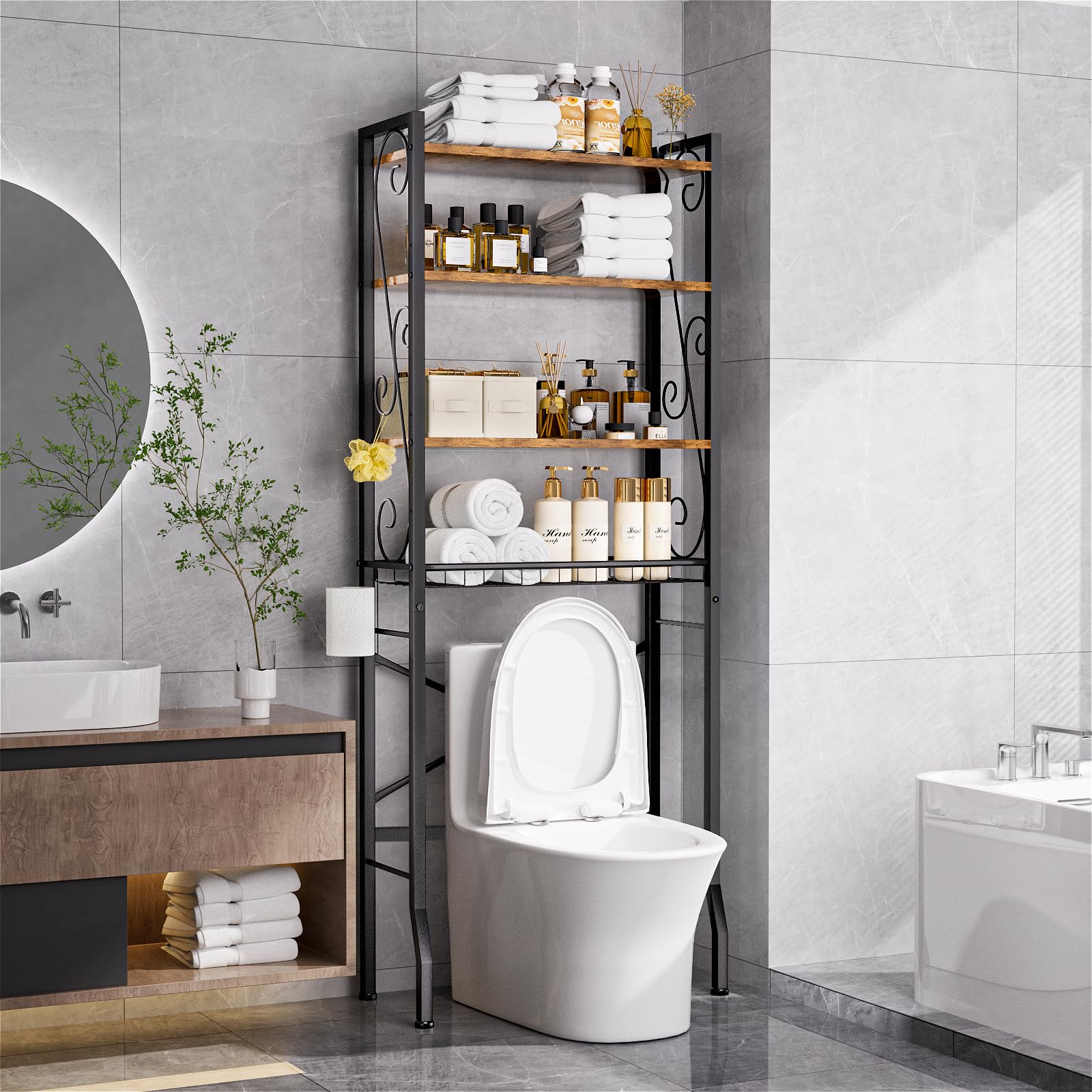 Axdtvoz over-the-toilet storage rack 4-tier full unit offers accessible bathroom storage.