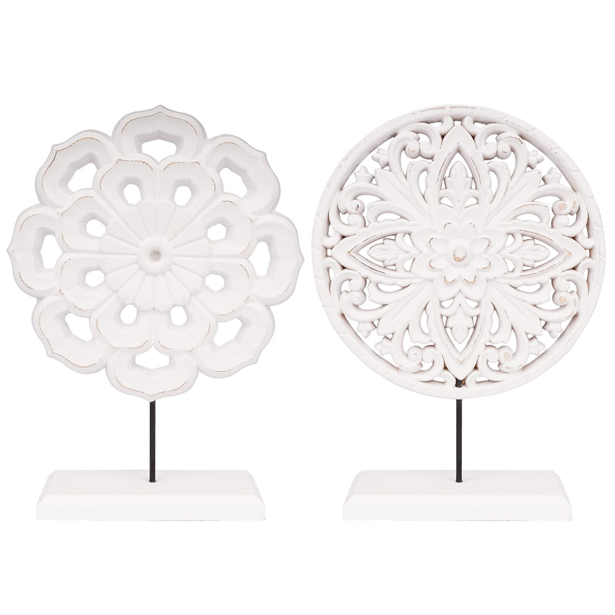 AXEARTE carved flower medallion wood sculpture for elegant living room decor.