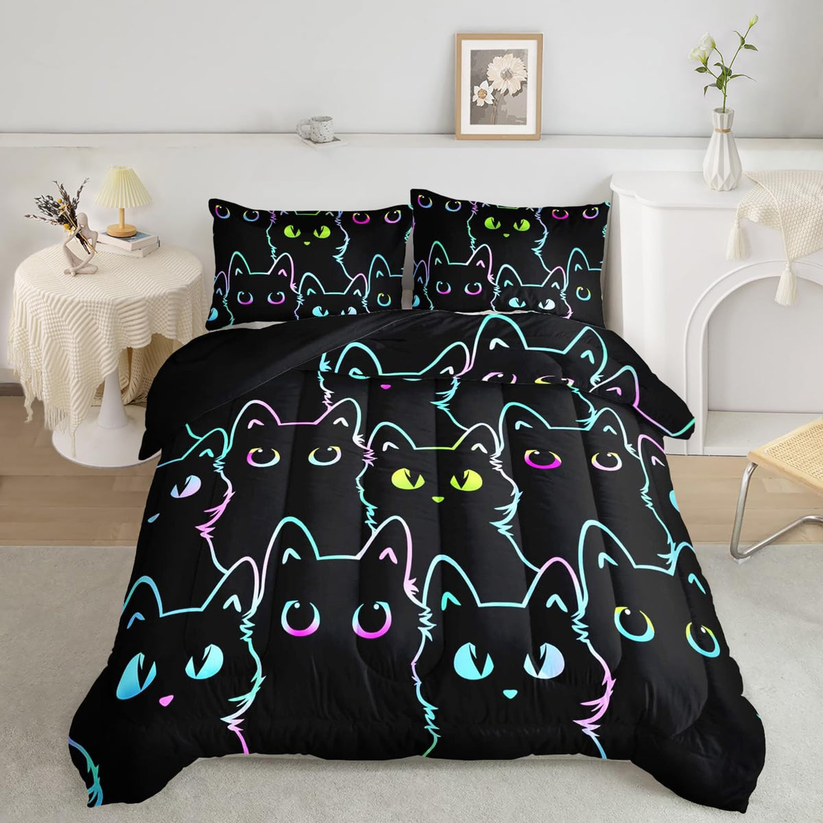 Axolotl cat comforter set on a twin bed with colorful cat design for kids