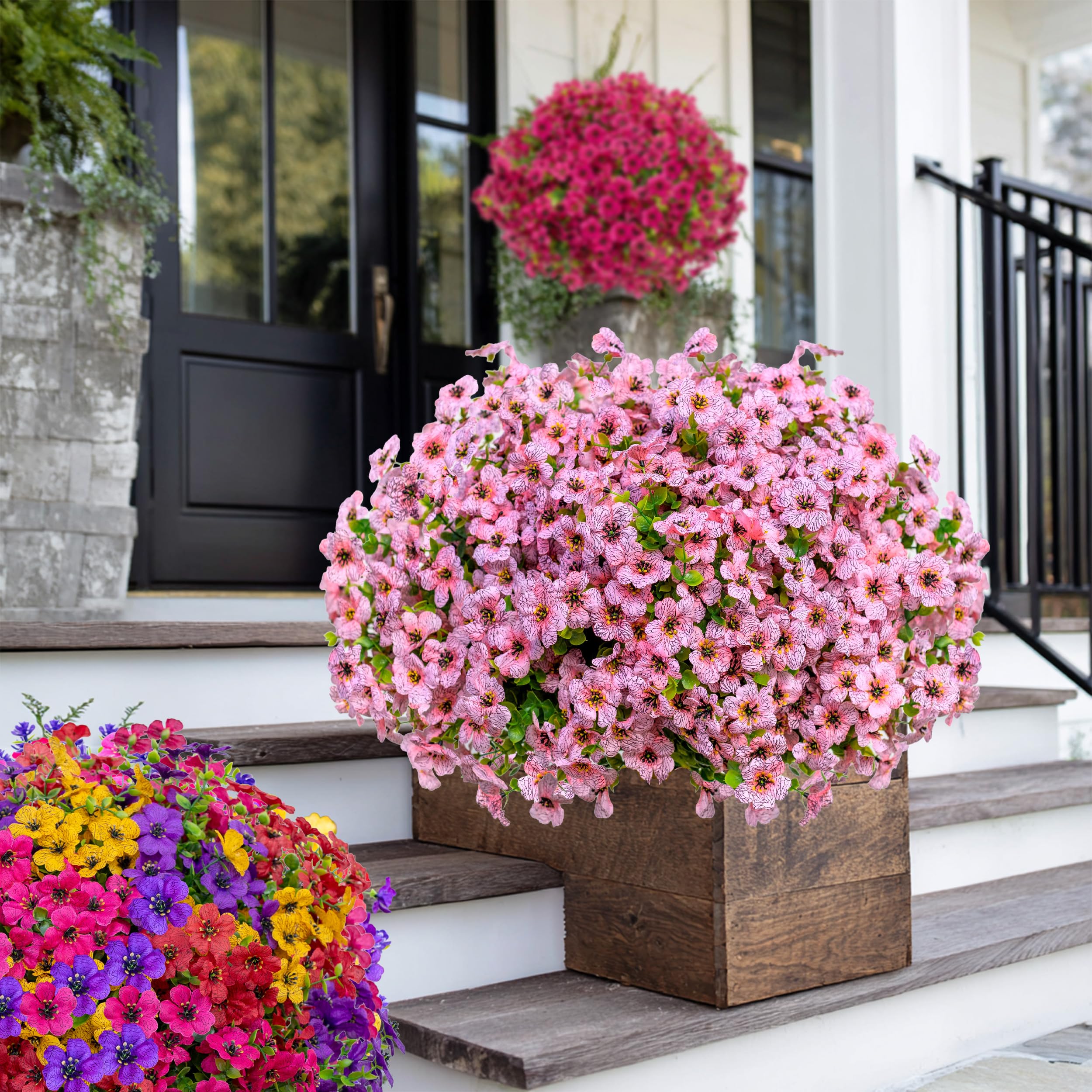 AXYLEX UV-resistant outdoor greenery enhances porch with lasting color.