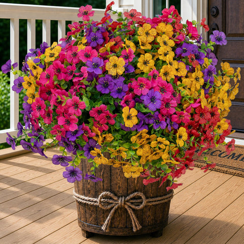 AXYLEX outdoor artificial flowers display on a porch with year‑round color and minimal upkeep