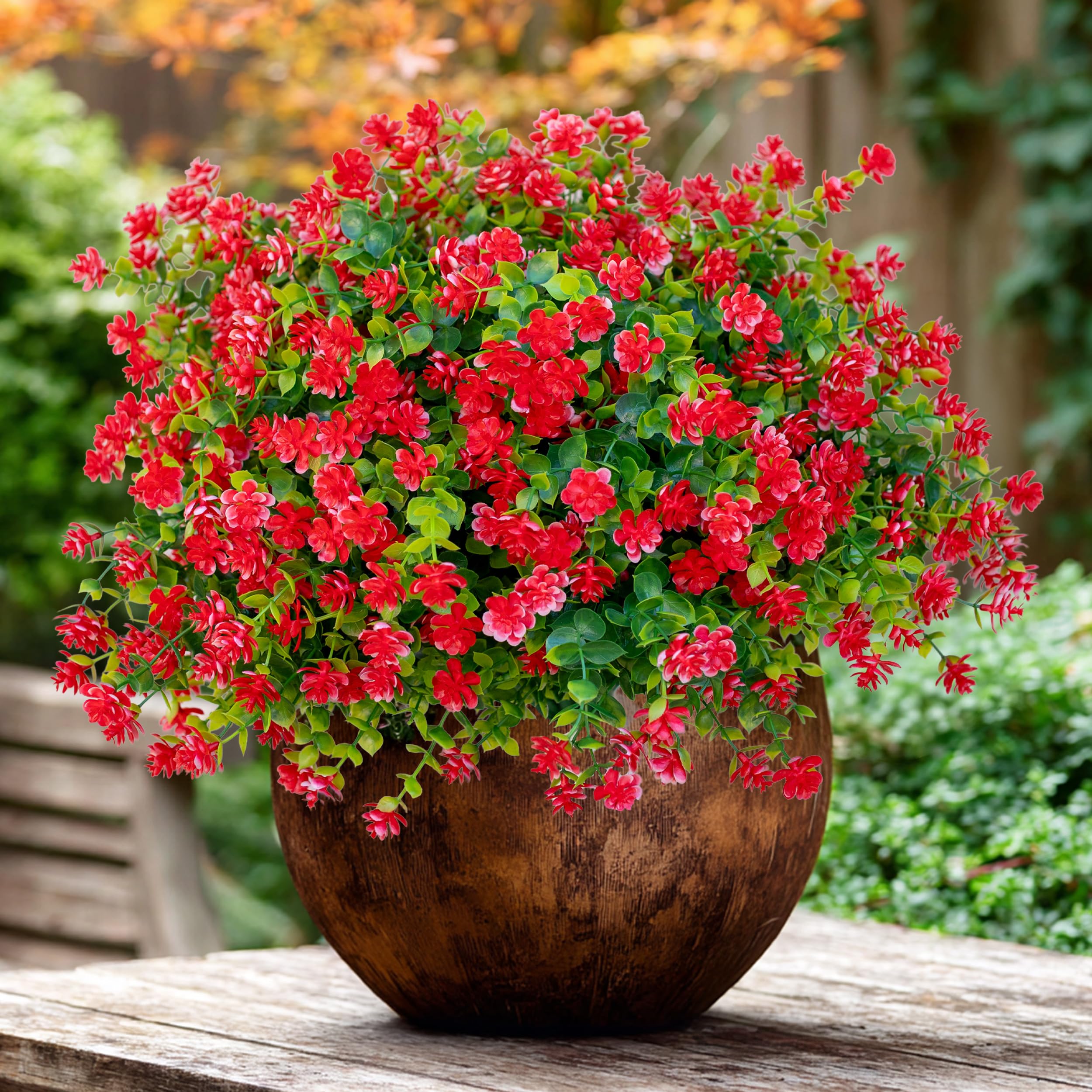 AXYLEX twelve-bundle red faux shrubs are ideal for patios.