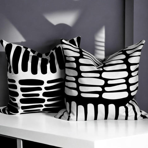 AYAY black and white pillow cover closeup highlights bold contrast and fabric.