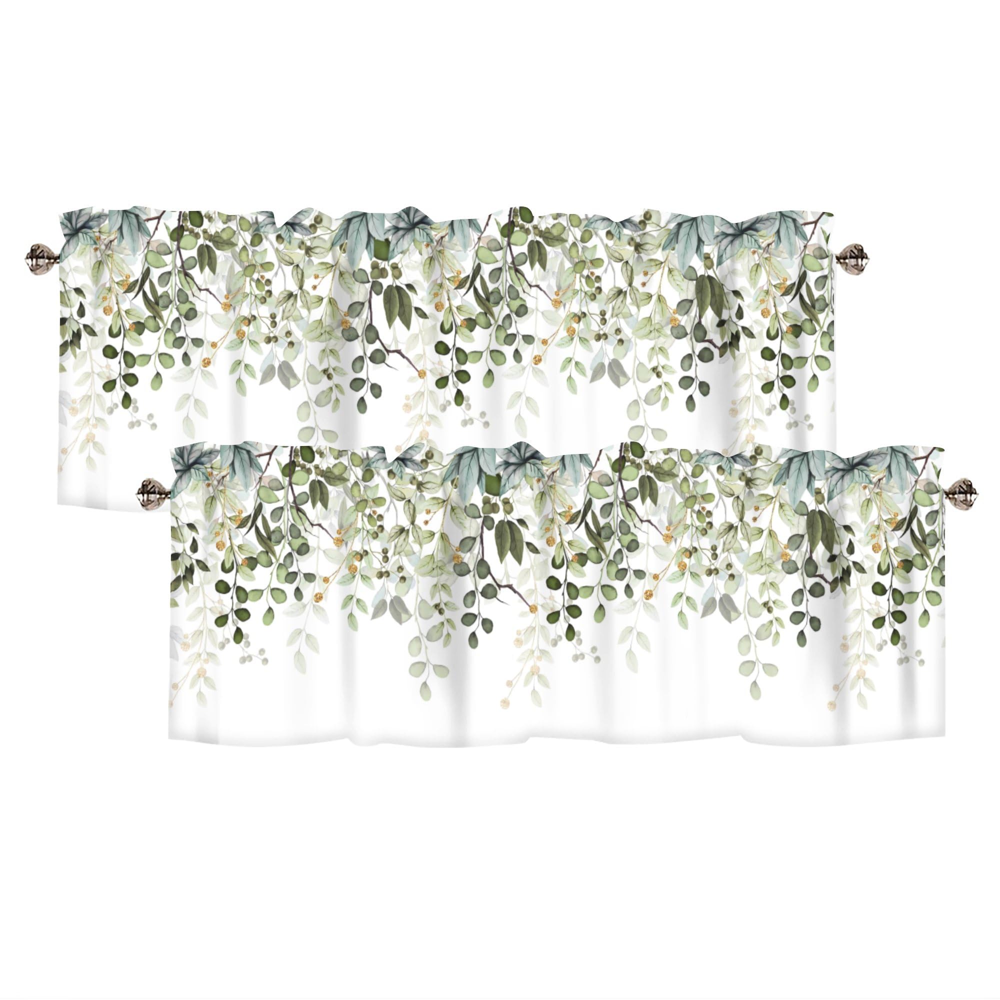 AYTTBIS Sage Green Eucalyptus Leaves Valance front view with watercolor print and rod pocket