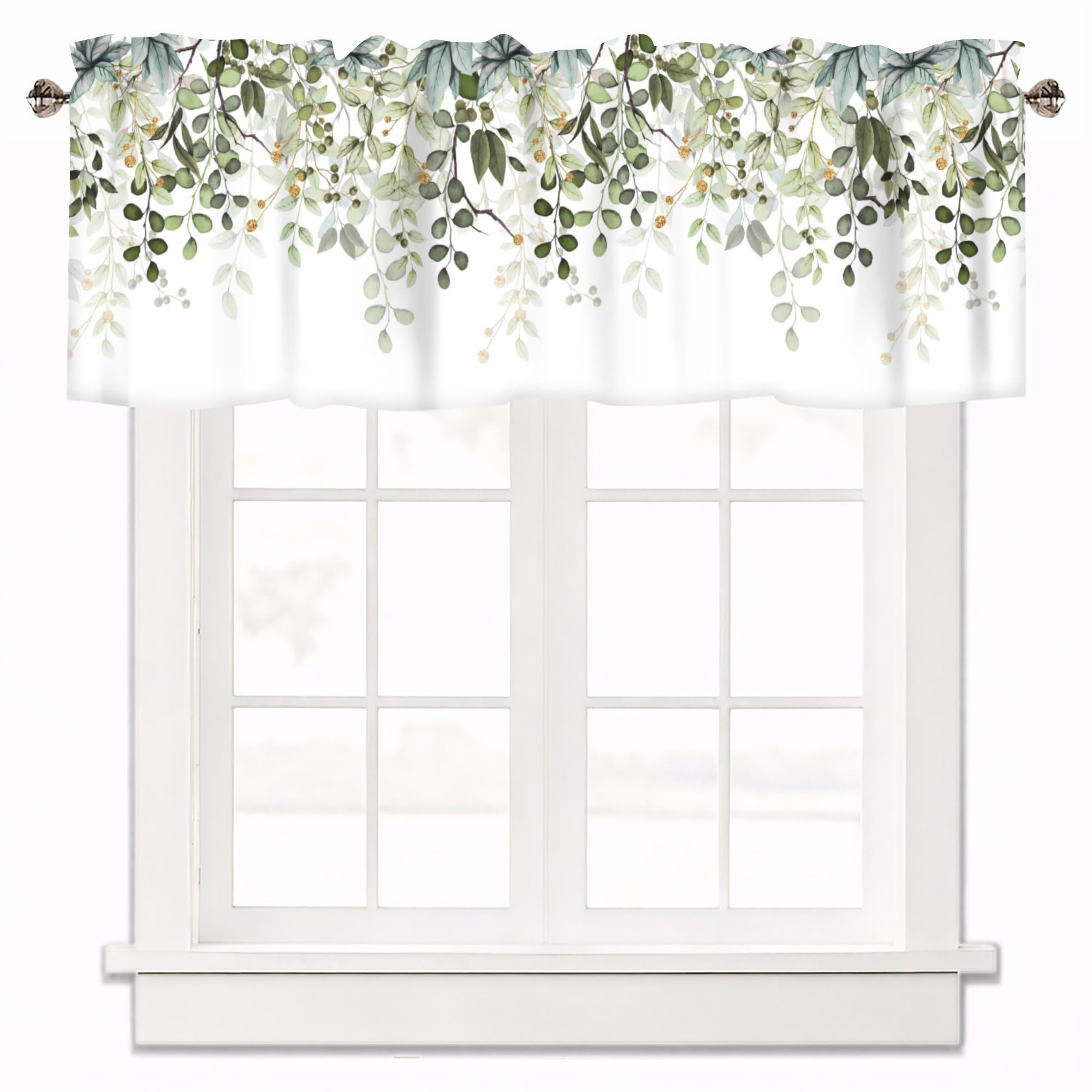 AYTTBIS valance in kitchen setting with eucalyptus leaves for bright, inviting windows