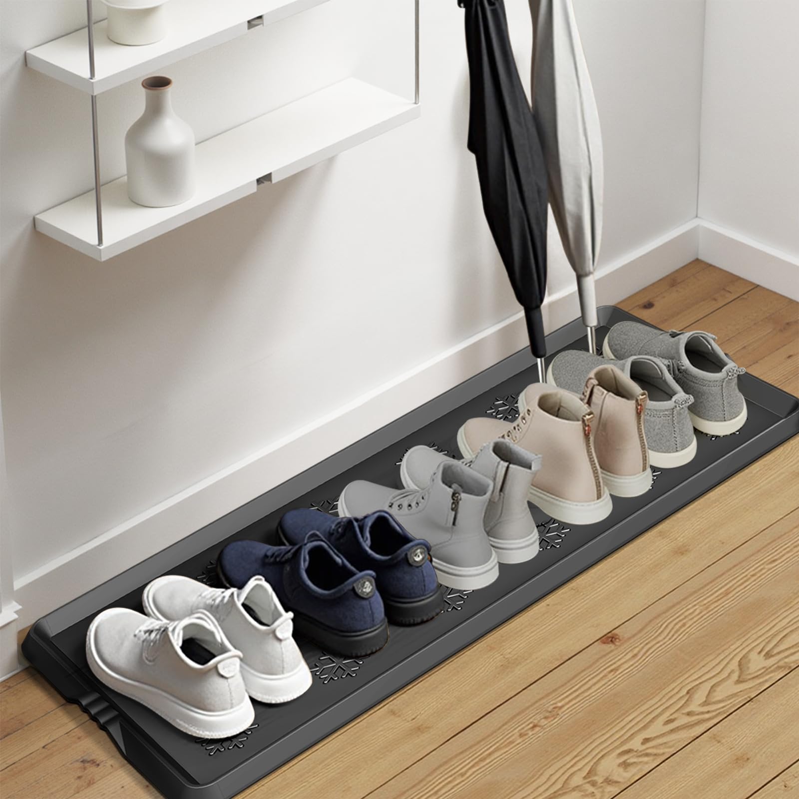 Azadx boot tray 32-inch length in doorway helps keep shoes organized.