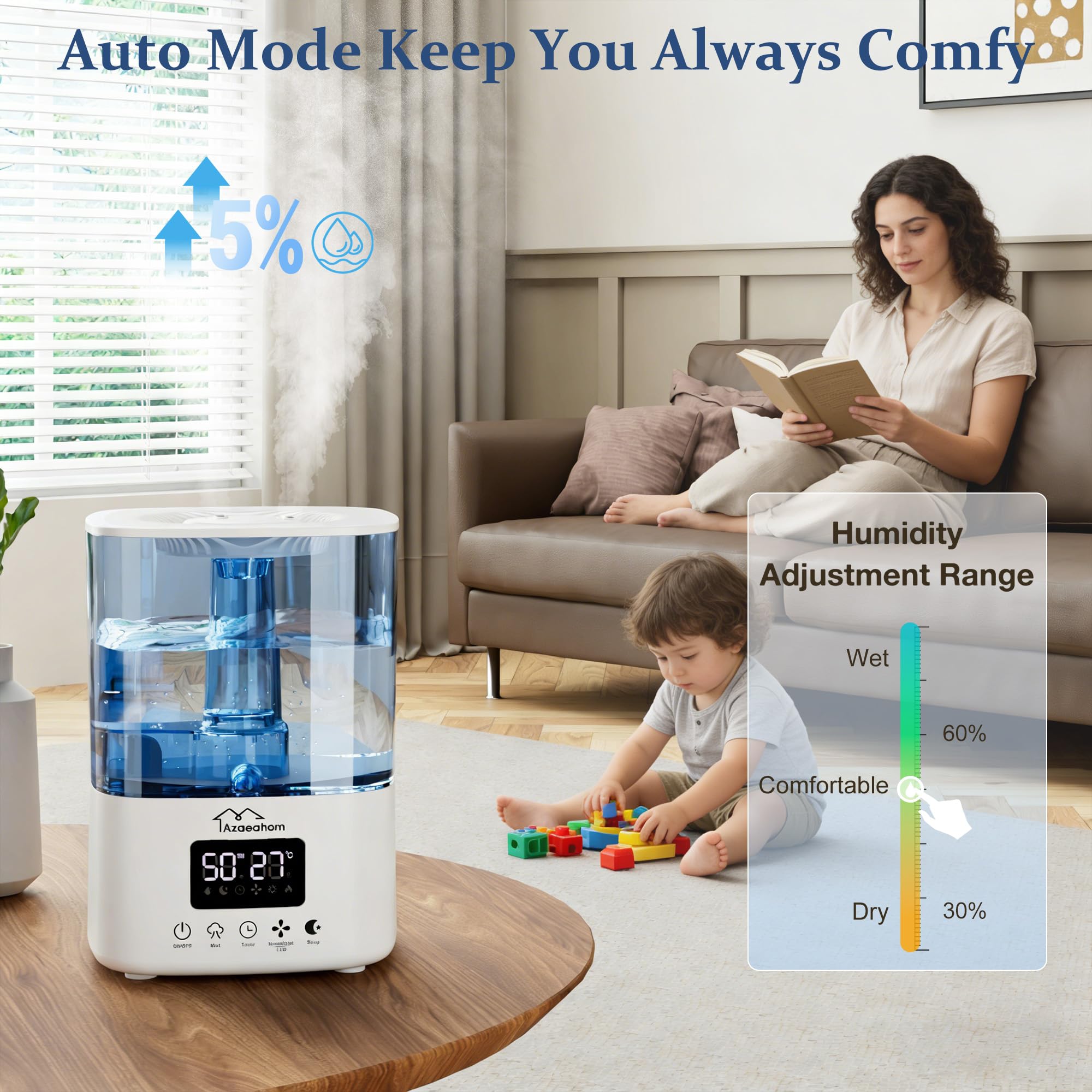 Azaeahom app control enables remote humidity adjustments from your phone.