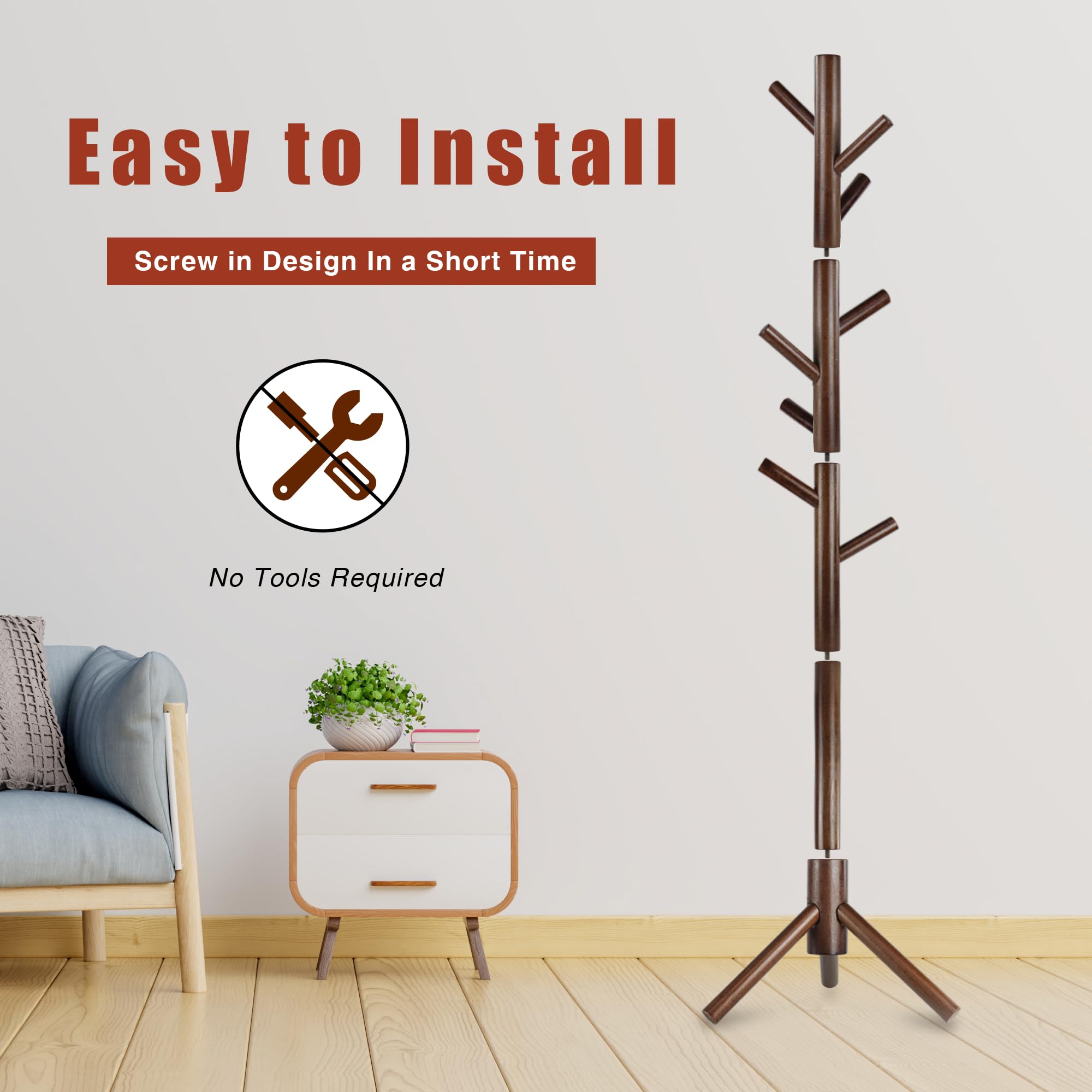 Easy tool-free assembly of the Azaeahom coat rack.