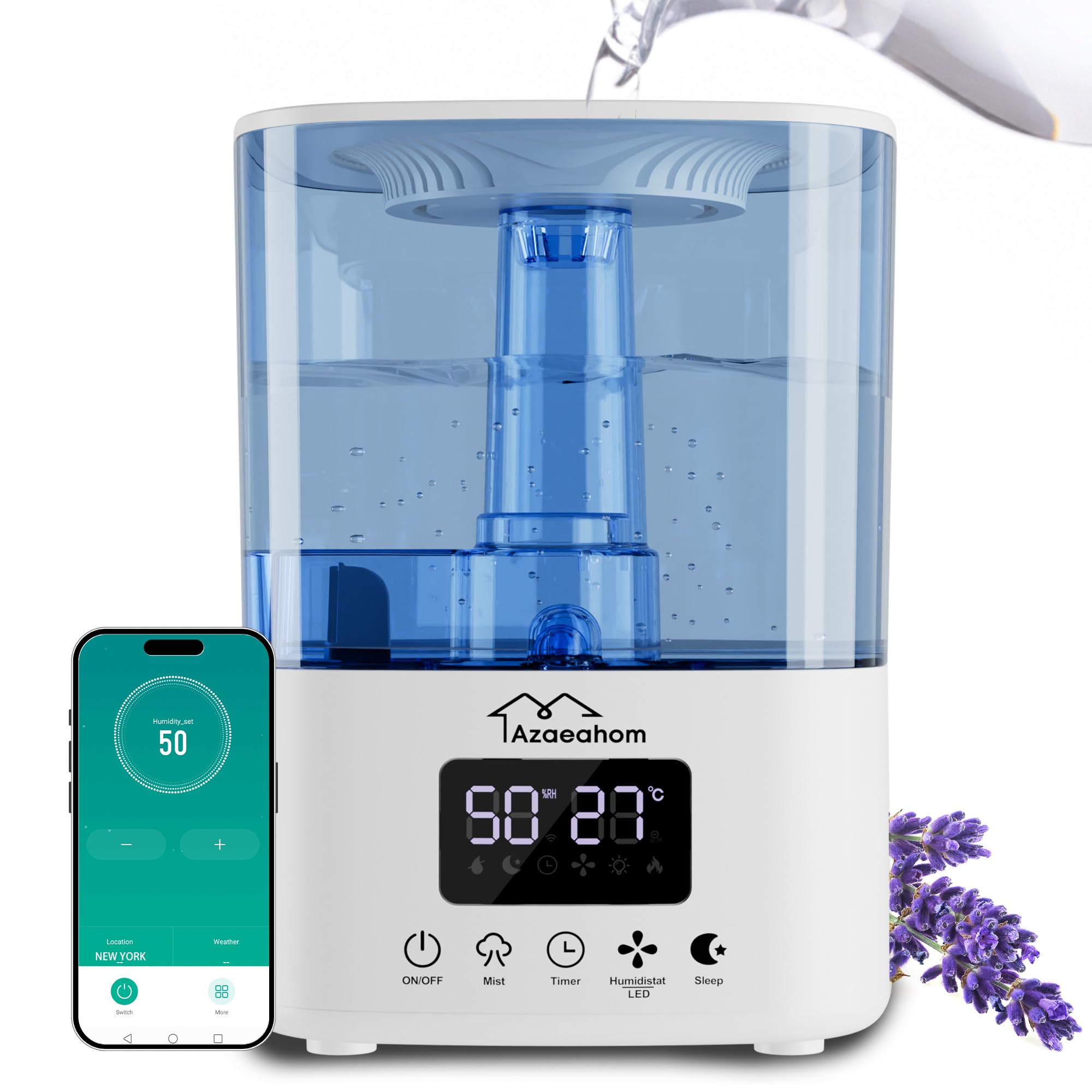 Azaeahom smart humidifier top-fill design for easy refills and maintenance.