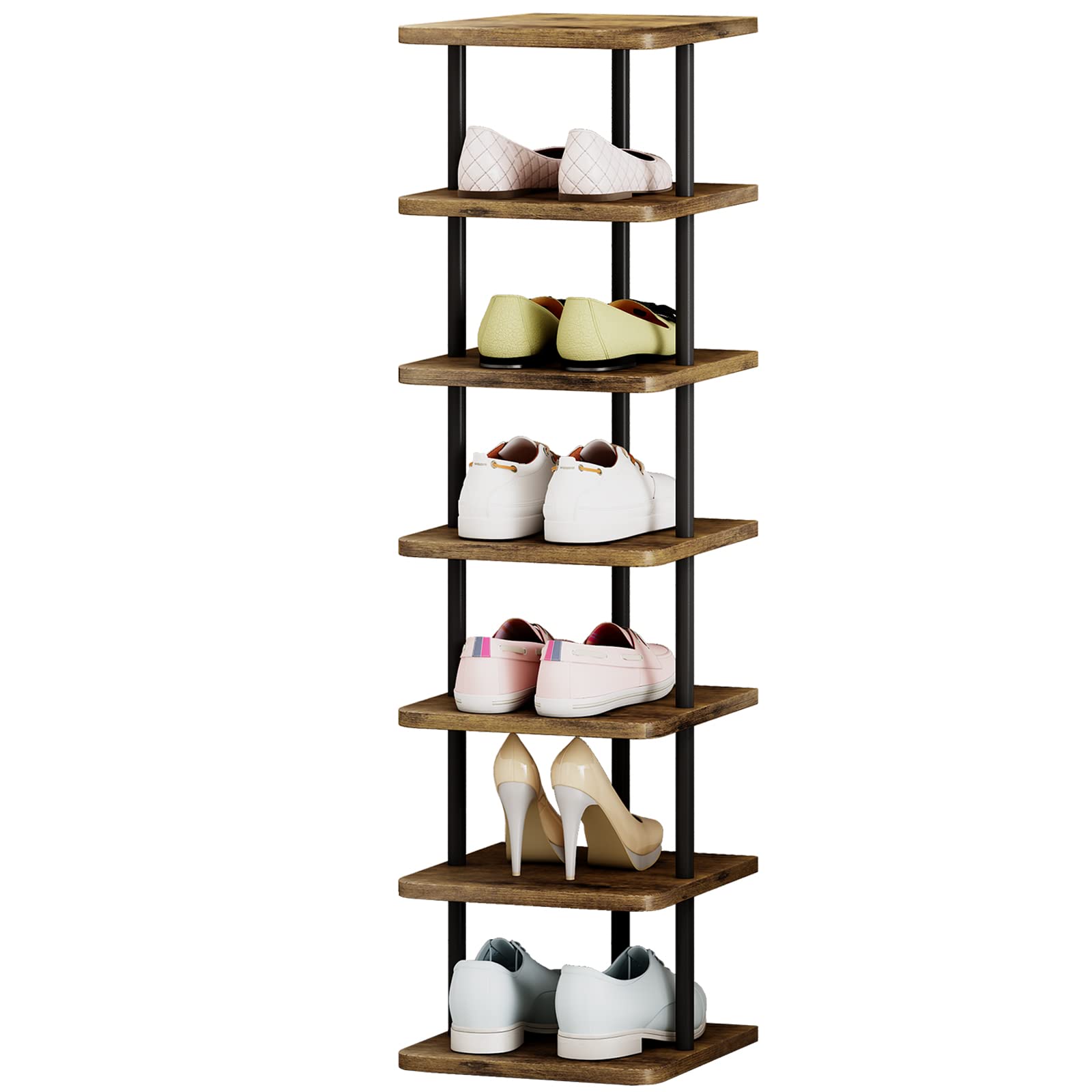 AZERPIAN 7-tier vertical shoe rack demonstrates compact storage for hallways.