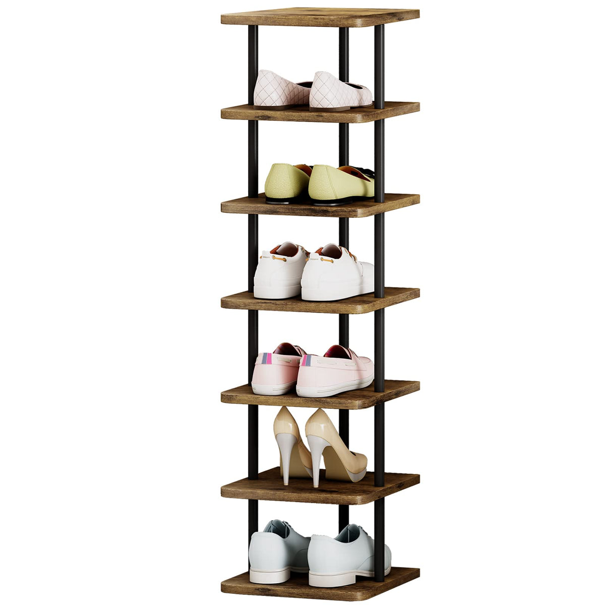 AZERPIAN 7-tier vertical shoe rack demonstrates compact storage for hallways.