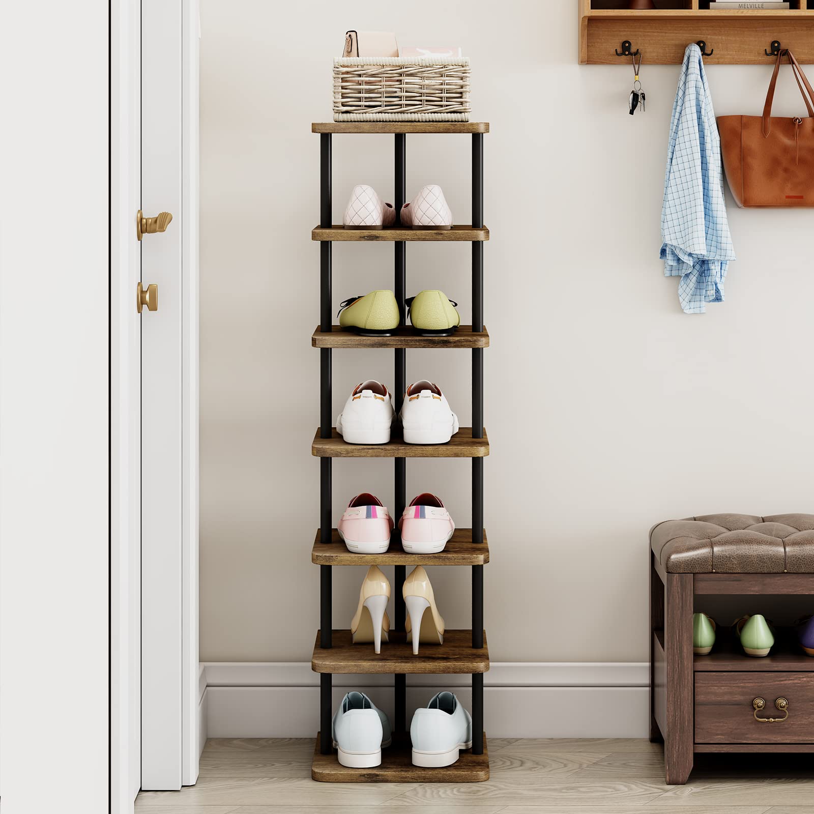 AZERPIAN slim metal shoe tower fits narrow spaces for clutter-free entryways.