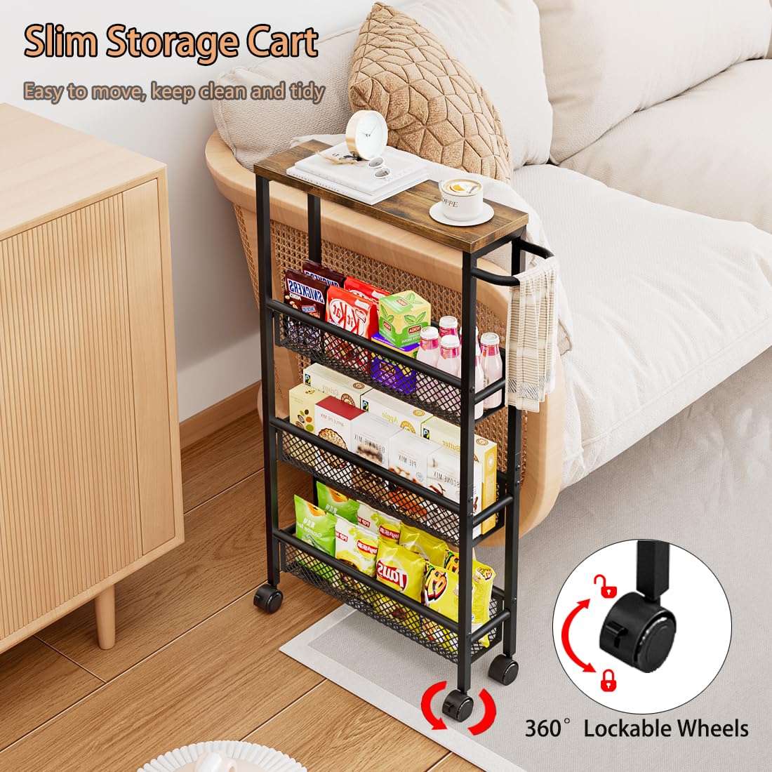 AZERPIAN Slim Rolling Cart with four tiers for organized spaces.