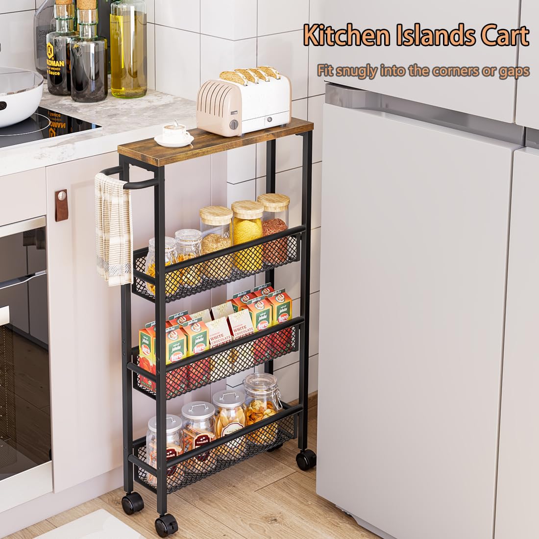 AZERPIAN Slim Rolling Cart with mesh baskets for pantry organization.