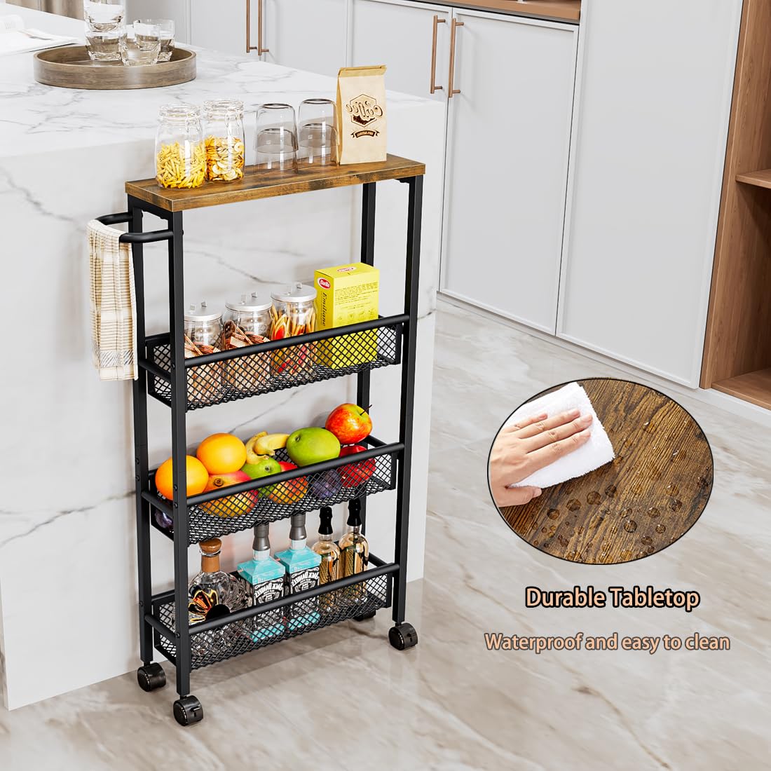 AZERPIAN Slim Rolling Cart featuring a metal handle for easy maneuvering.