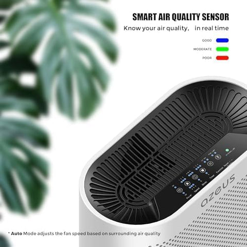 AZEUS air purifier close-up with UV light and ionic generator highlighting purification features