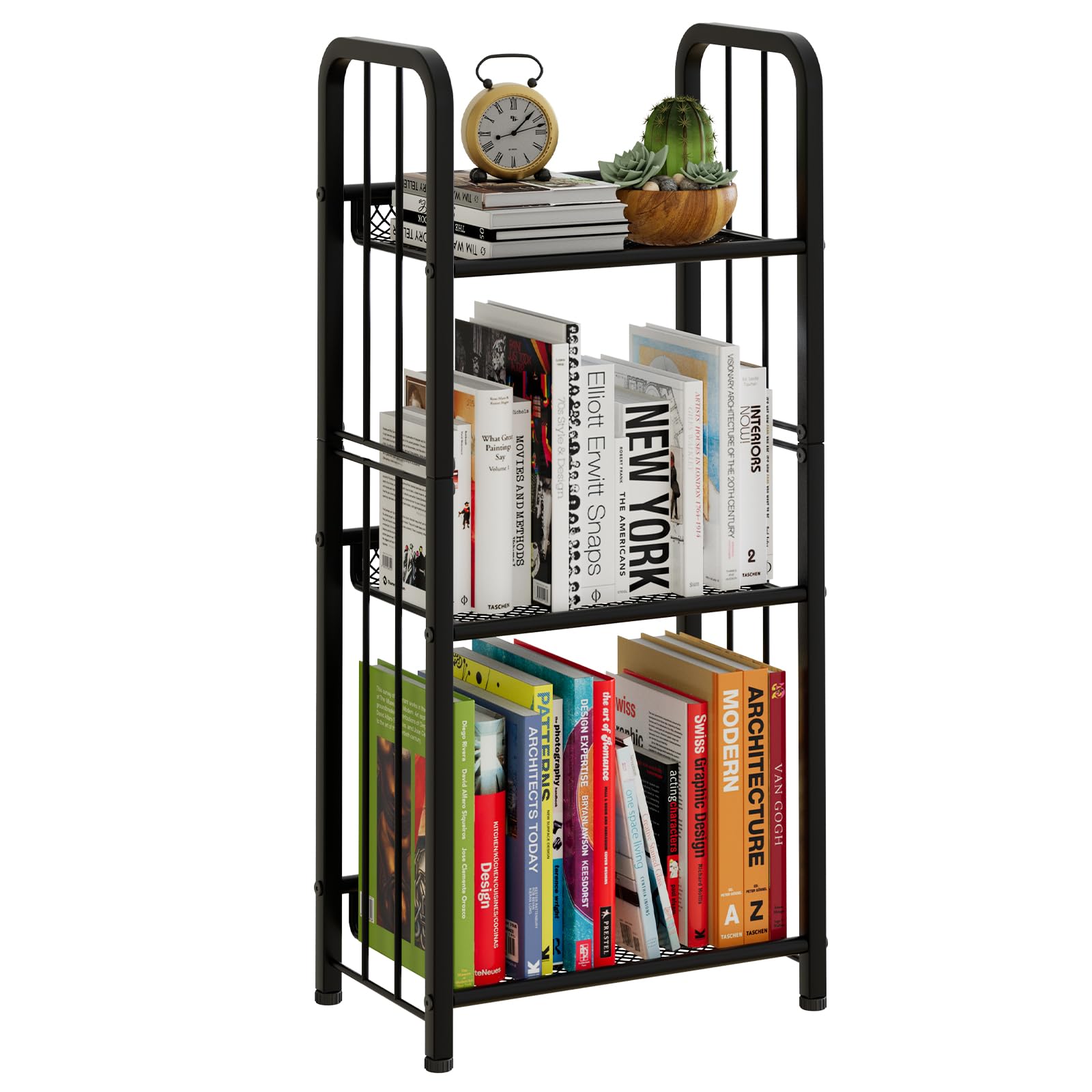 Azheruol 3-tier black bookshelf viewed front-on for a stylish storage solution.