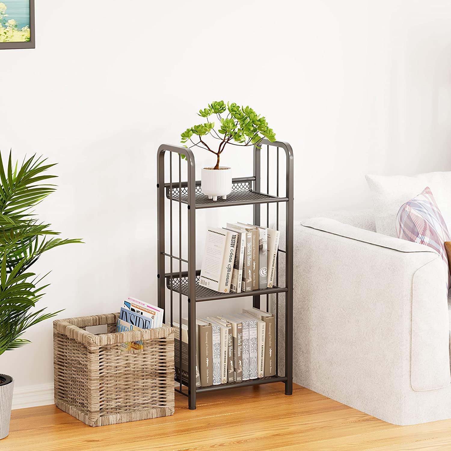 Azheruol open-storage design highlights quick access to books and décor.