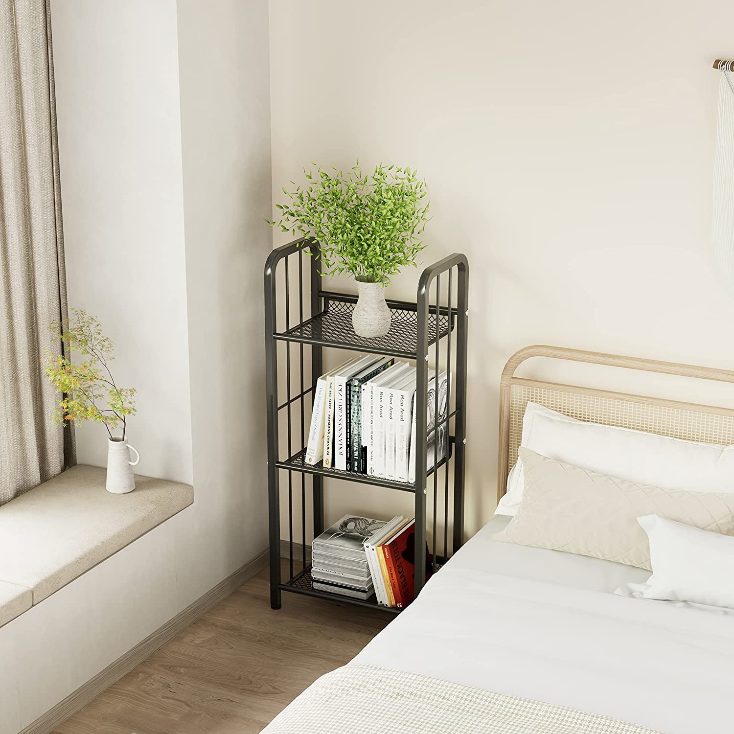 Azheruol bookshelf close-up shows welded steel frame for lasting durability.