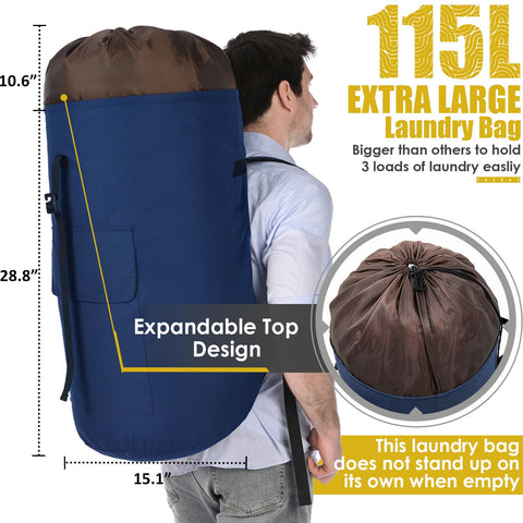 Ãzhido backpack laundry bag extended top demonstrates adjustable height to fit oversized loads.