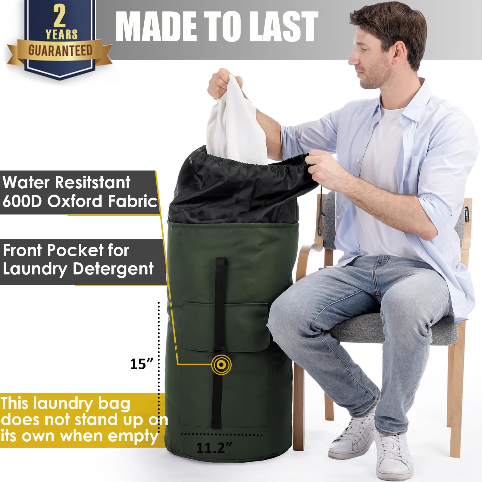 Azhido backpack laundry bag front pocket keeps detergents organized for laundry day.