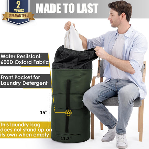 Azhido backpack laundry bag front pocket keeps detergents organized for laundry day.