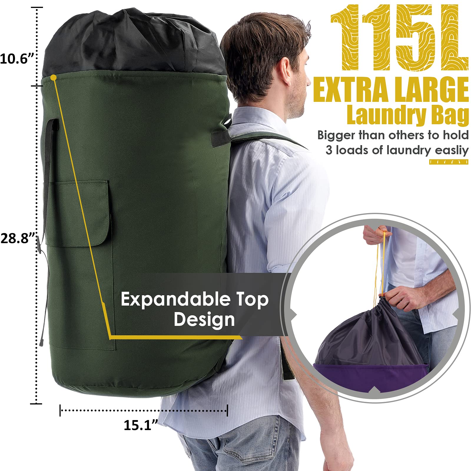 Azhido backpack laundry bag padded shoulder straps provide comfortable carrying.