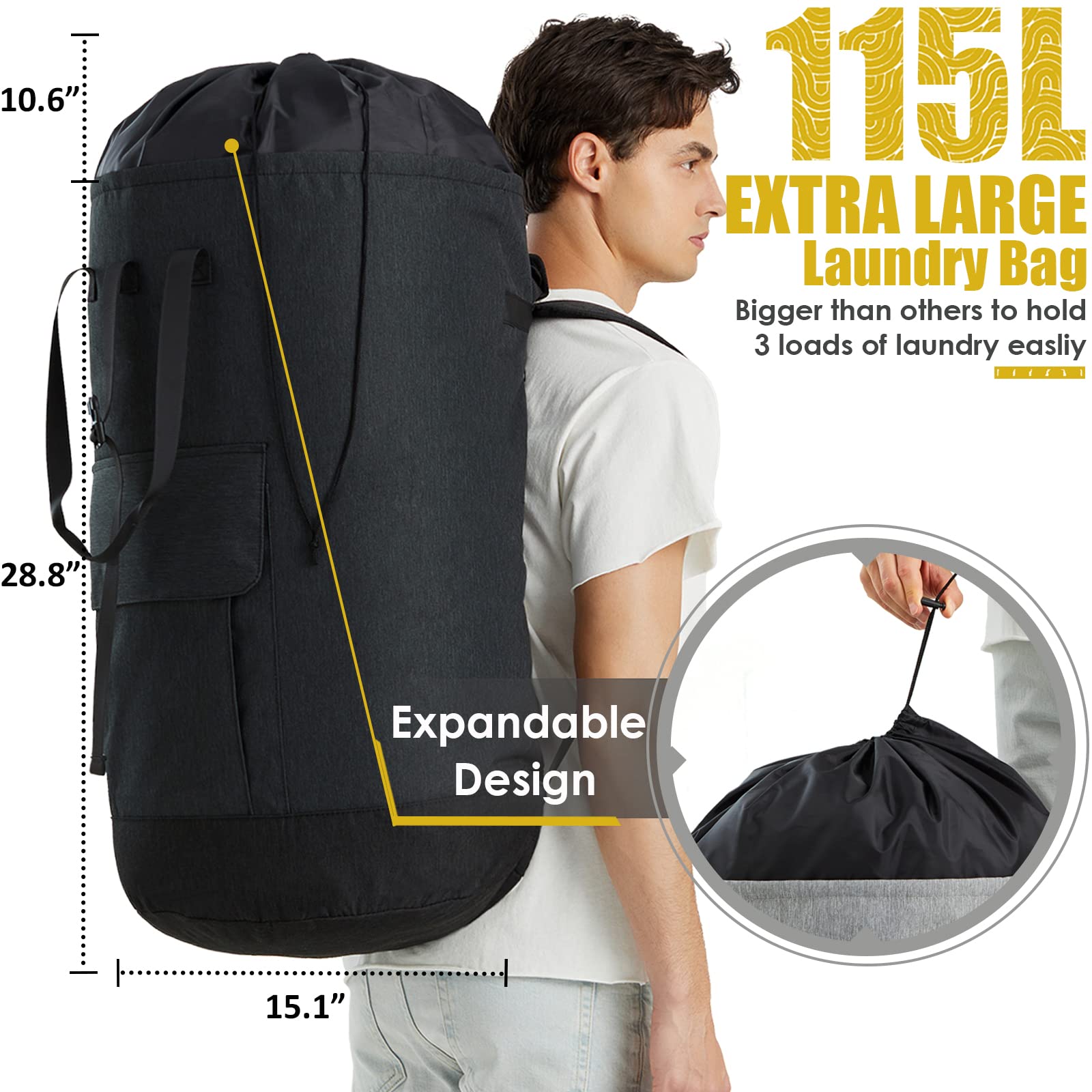 Azhido bag backside pocket stores coins for laundromat use