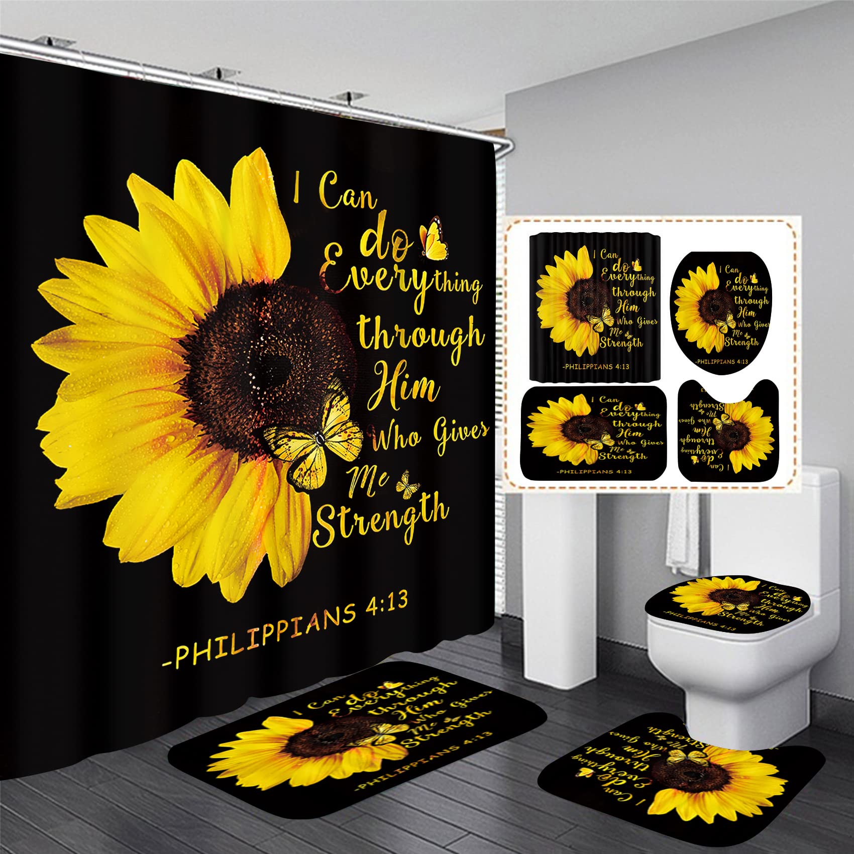 AZHM sunflower shower curtain set with vibrant pattern and water containment.