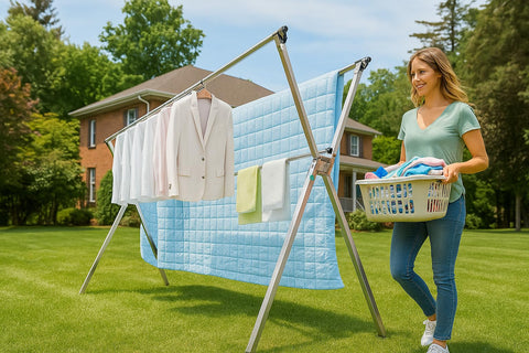 AZHZOLSK drying rack with telescopic rods offers adjustable space for bulky items.