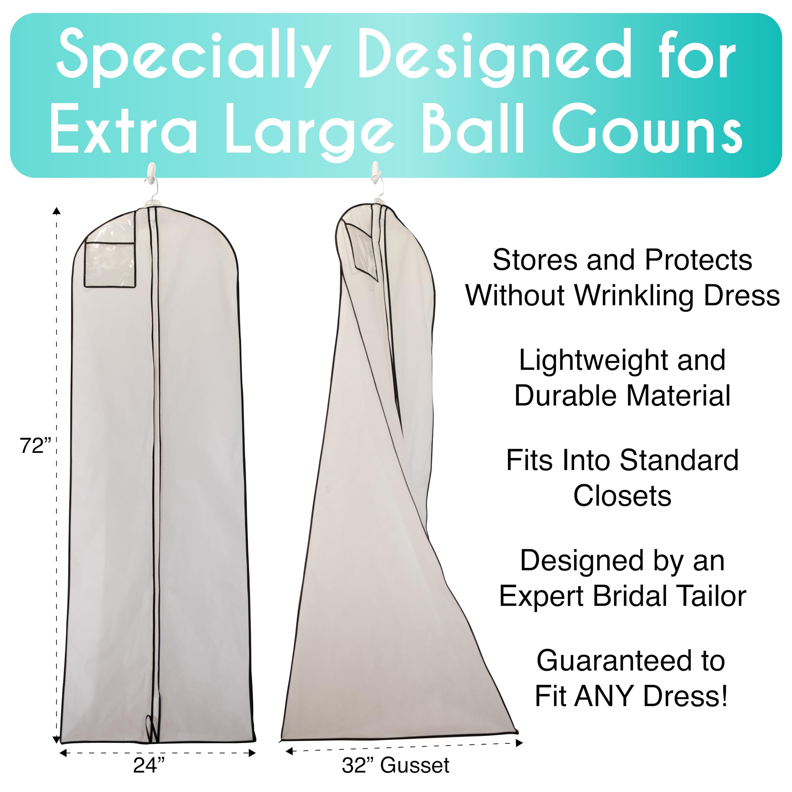 Azure Aster Bridal 72in garment bag side view; protects gown from wrinkles while transporting to fittings.