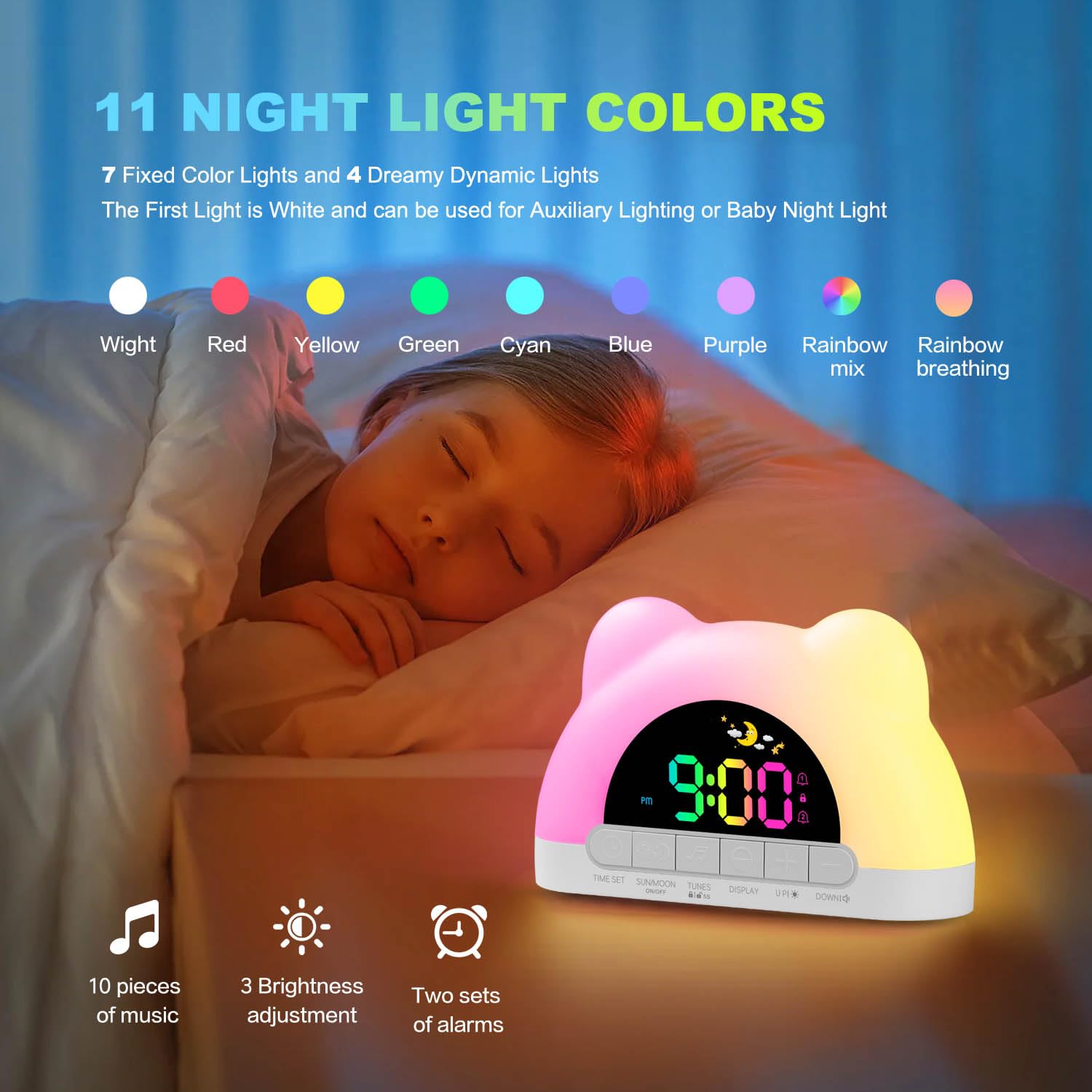 Azyh alarm clock ambient color modes for mood lighting customization.