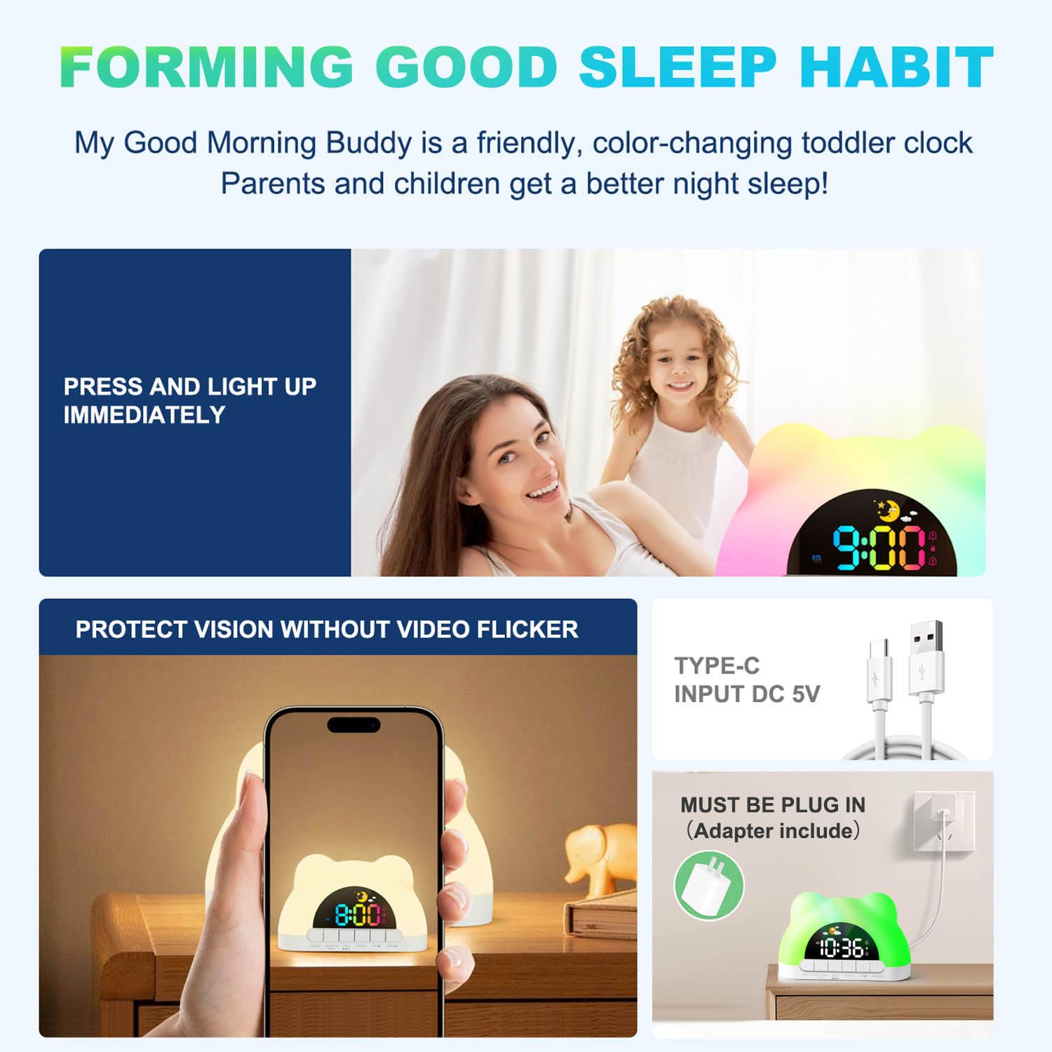 Azyh clock with built-in music player for personalized wake-ups.